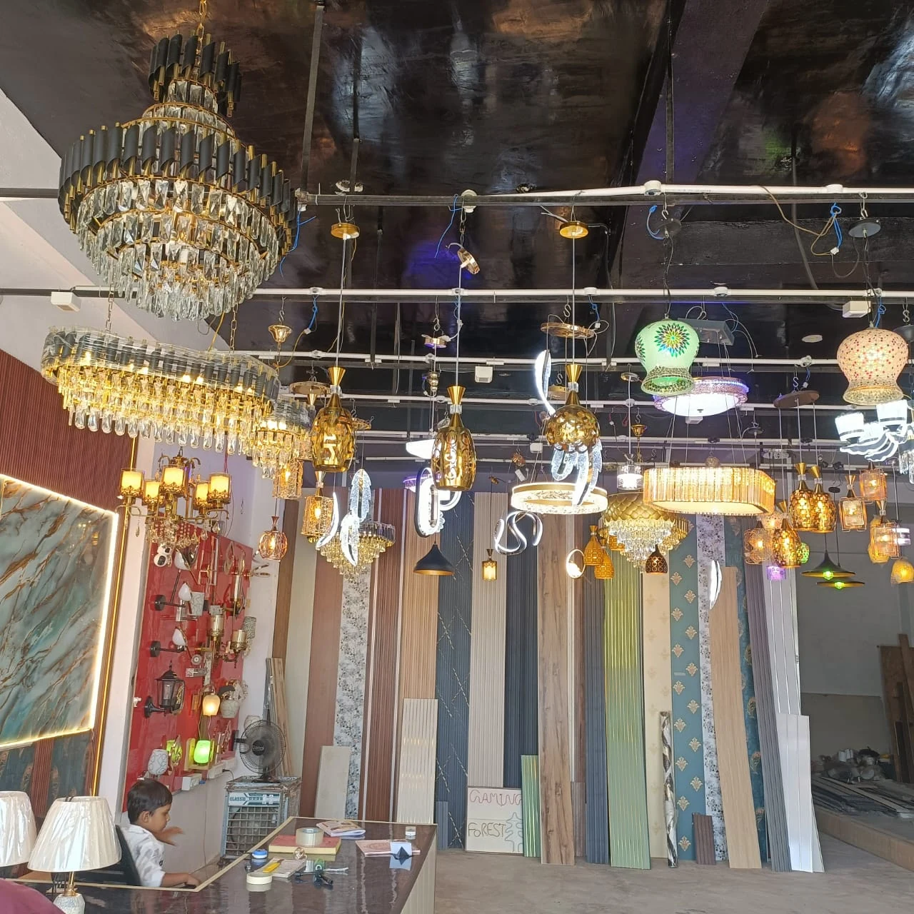 Designer lighting and panel display at UV Interio